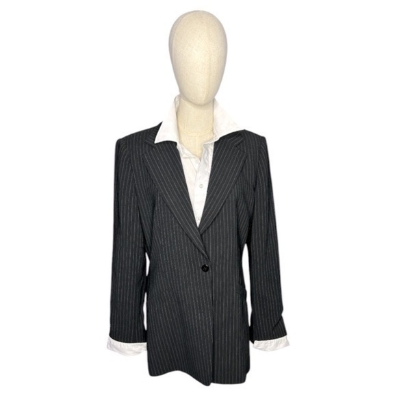 Vintage 90s Armani Collezioni Black White Pinstripe Single Button Blazer Size 12 - Picture 3 of 9